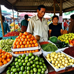 **

"Crowded Indonesian market stall overflowing with colorful fruits and vegetables, price tags displaying inflated costs. Focus on the worried faces of local shoppers, highlighting the impact of rising food prices on everyday life."

**