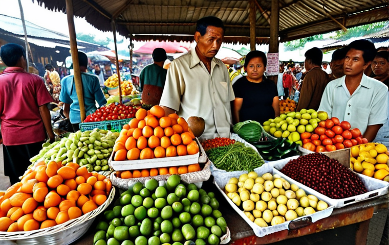 **
"Crowded Indonesian market stall overflowing with colorful fruits and vegetables, price tags displaying inflated costs. Focus on the worried faces of local shoppers, highlighting the impact of rising food prices on everyday life."
**