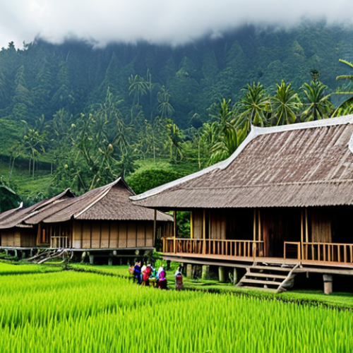 Home 6 **
"A serene village scene in Indonesia, showcasing traditional houses with distinctive roofs (Rumah Gadang or Tongkonan style), surrounded by lush greenery, fully clothed villagers engaged in daily activities, appropriate attire, safe for work, perfect anatomy, natural proportions, professional photography, high quality, family-friendly"
**