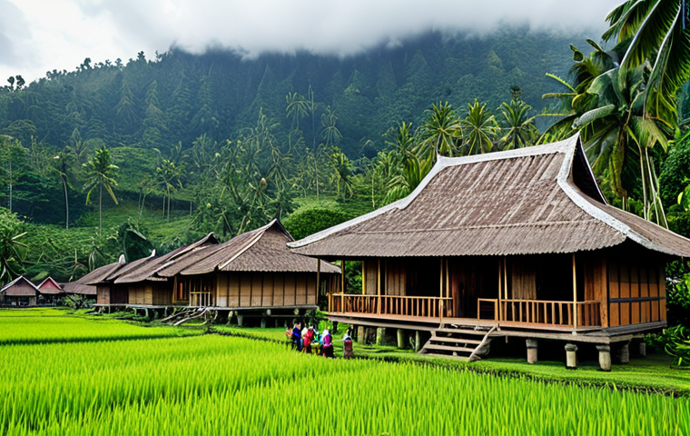 **

"A serene village scene in Indonesia, showcasing traditional houses with distinctive roofs (Rumah Gadang or Tongkonan style), surrounded by lush greenery, fully clothed villagers engaged in daily activities, appropriate attire, safe for work, perfect anatomy, natural proportions, professional photography, high quality, family-friendly"

**