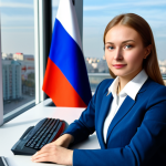 **

A professional woman in Moscow, Russia, wearing a modest business suit (fully clothed, appropriate attire). She is sitting at a desk in a modern, high-rise office building overlooking the city. Include the Russian flag subtly in the background. Safe for work, perfect anatomy, natural proportions, professional.

**