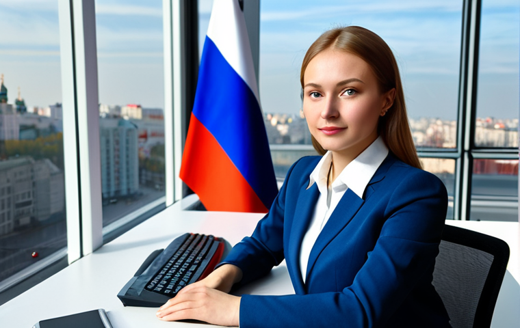 **

A professional woman in Moscow, Russia, wearing a modest business suit (fully clothed, appropriate attire). She is sitting at a desk in a modern, high-rise office building overlooking the city. Include the Russian flag subtly in the background. Safe for work, perfect anatomy, natural proportions, professional.

**